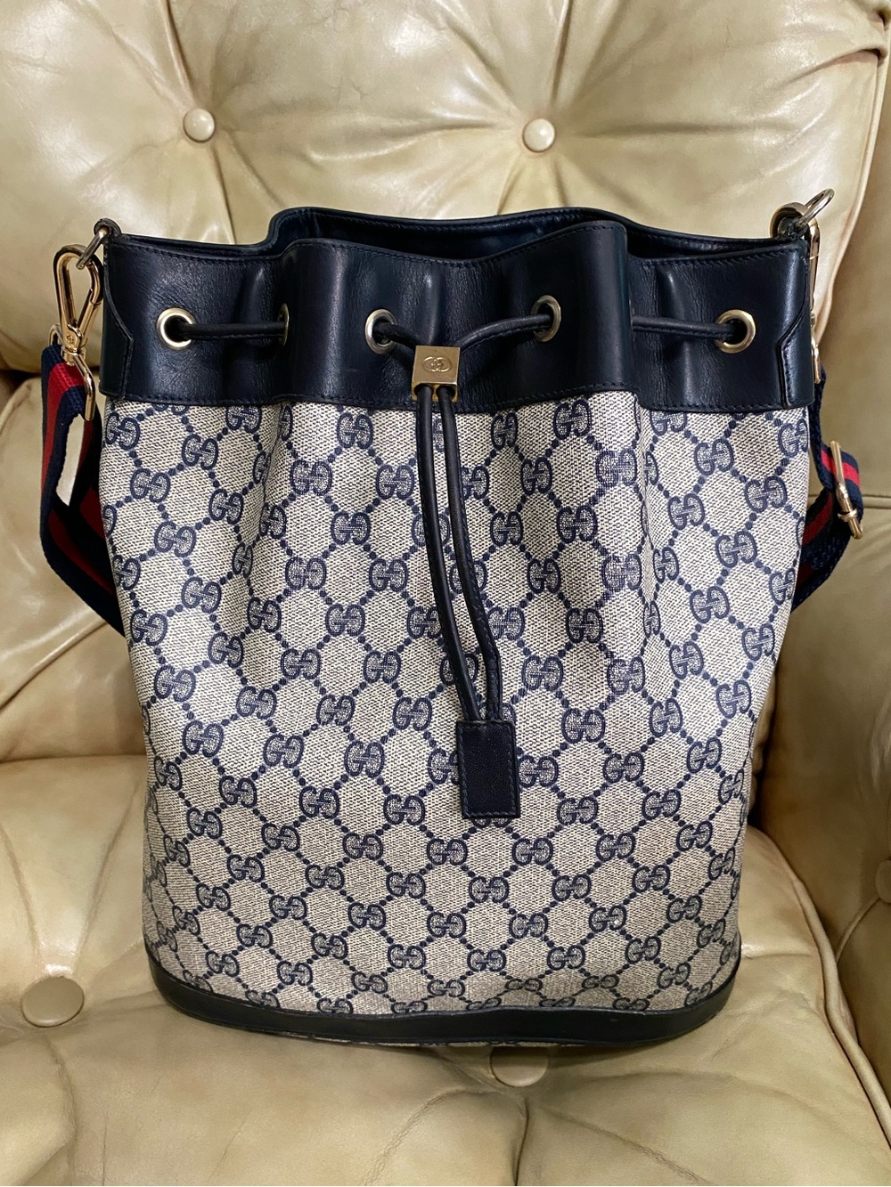 LARGE Gucci Drawstring Bucket Bag Vintage Sherry GG Monogram Web Stripe Added